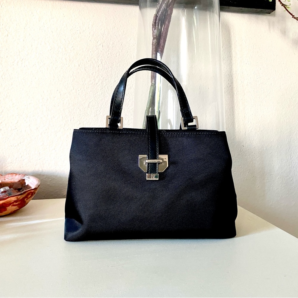 RARE 90’s Etienne Aigner Black Canvas Mini Top Handle Bag Crossbody Strap 9x6